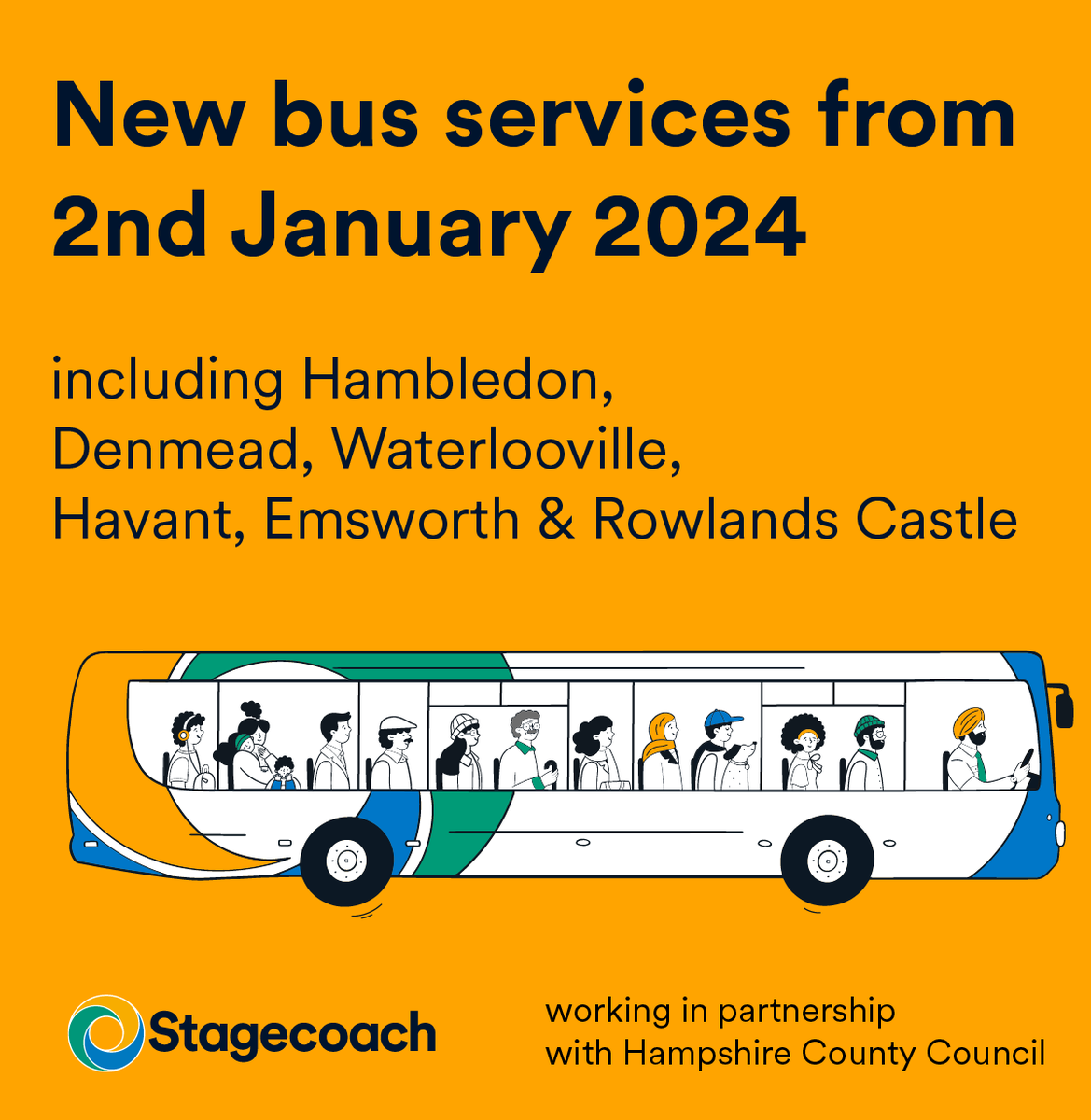 StagecoachSouth's tweet photo. From 02 Jan 2024, we will be running services 27, D1 &amp; D2 under contract to HCC.

27 #RowlandsCastle - #Havant - #Denvilles - #Emsworth
D1 #Waterlooville - #Denmead - #Hambledon
D2 #Waterlooville - #Denmead

For more info, including timetables &amp; Map  > https://t.co/8xKF5Z20eT https://t.co/W261DAP9aY