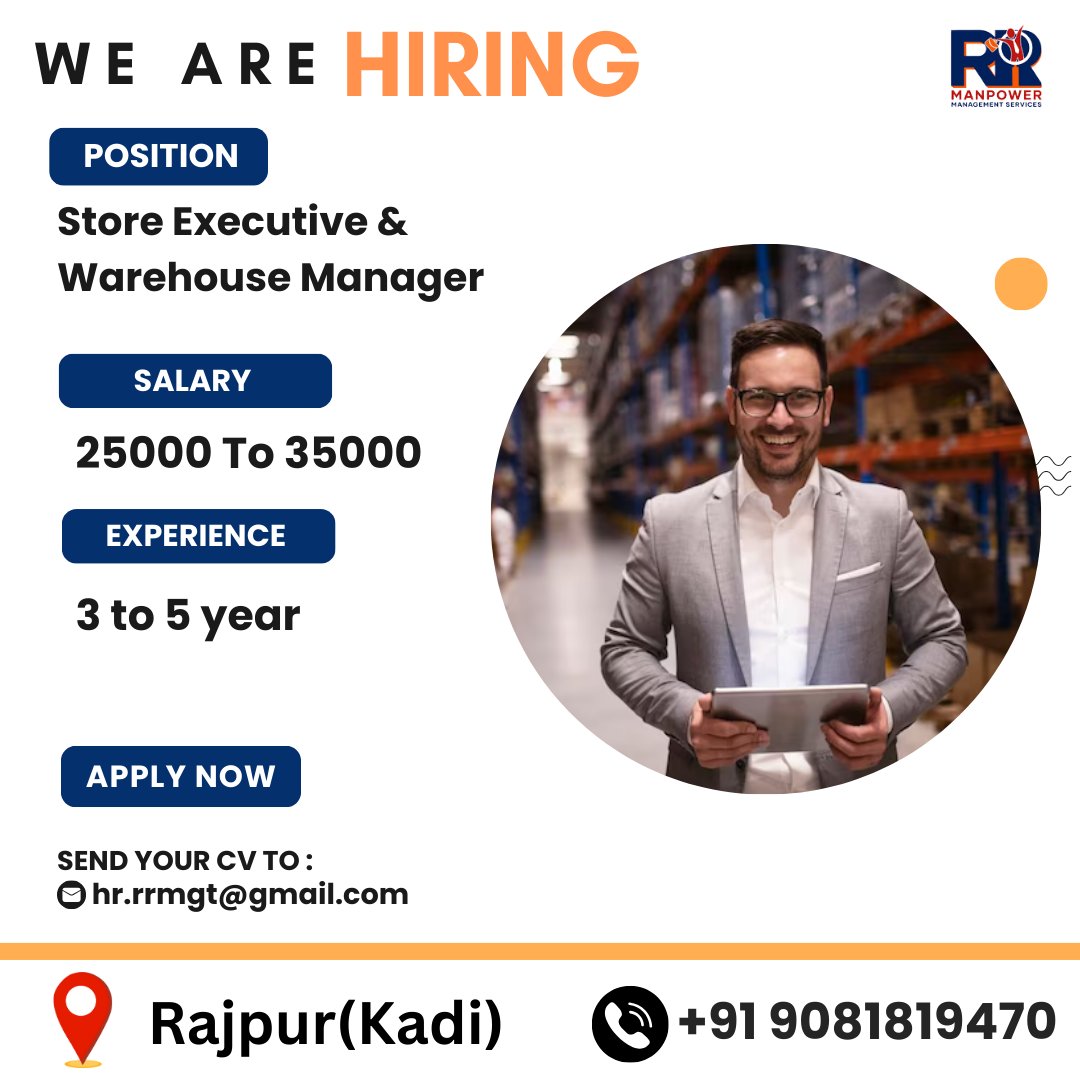 WE ARE HIRING
POSITION:- Store Executive & Warehouse Manager
SALARY:- 25000 To 35000
EXPERIENCE:- 3 to 5 yea
SEND YOUR CV TO: hr.rrmgt@gmail.com
Location:- Rajpur(Kadi)
Contact us:- +91 9081819470

#StoreExecutive #WarehouseManager #InventoryManagement  #StoreManagement