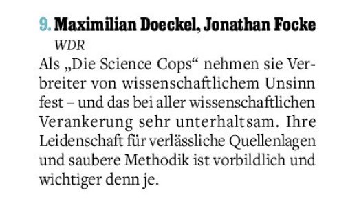 Eine besondere Ehre nach einem ereignisreichen Jahr für die Quarks Science Cops: Das <a href="/mediummagazin/">medium magazin</a> zählt <a href="/MaxDoeckel/">Maximilian Doeckel</a> und mich zu den Wissenschaftsjournalisten des Jahres. Vielen Dank 😊