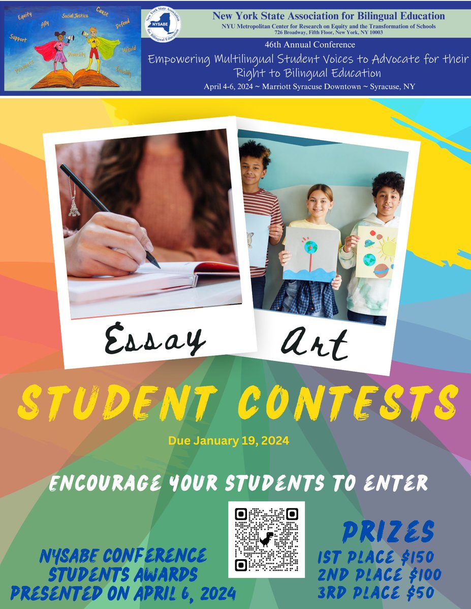 Let's honor the creativity and artistic talents of our multilingual learners! Submissions for the 46th NYSABE Conference Student Essay and Art Contests are now OPEN! All entries are due January 19, 2024.  #nysabe2024 #advocacy #Empowerment #bilingual