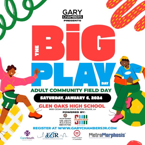 Register for The Big Play Day – where adults get to relive the joy of field day fun at GaryChambersJr.com. On January 6, 2024! 🌳 Gather your friends and join us for a day of laughter, camaraderie, and a splash of friendly competition. Kick off the year with a kickball