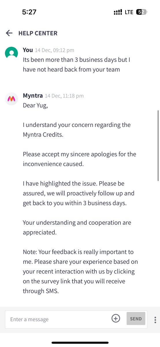 Drish101's tweet photo. @MyntraSupport @myntra  the only place where 3 business days take forever to close. Every time I follow up their agent copy pastes and send the same message and there is no revert.

If you call the agents out you on hold for 10 mins and then disconnect the call. Amazing service. https://t.co/9z9spKMqll