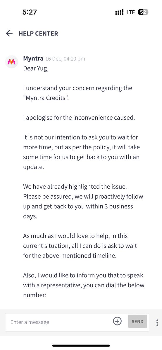 Drish101's tweet photo. @MyntraSupport @myntra  the only place where 3 business days take forever to close. Every time I follow up their agent copy pastes and send the same message and there is no revert.

If you call the agents out you on hold for 10 mins and then disconnect the call. Amazing service. https://t.co/9z9spKMqll