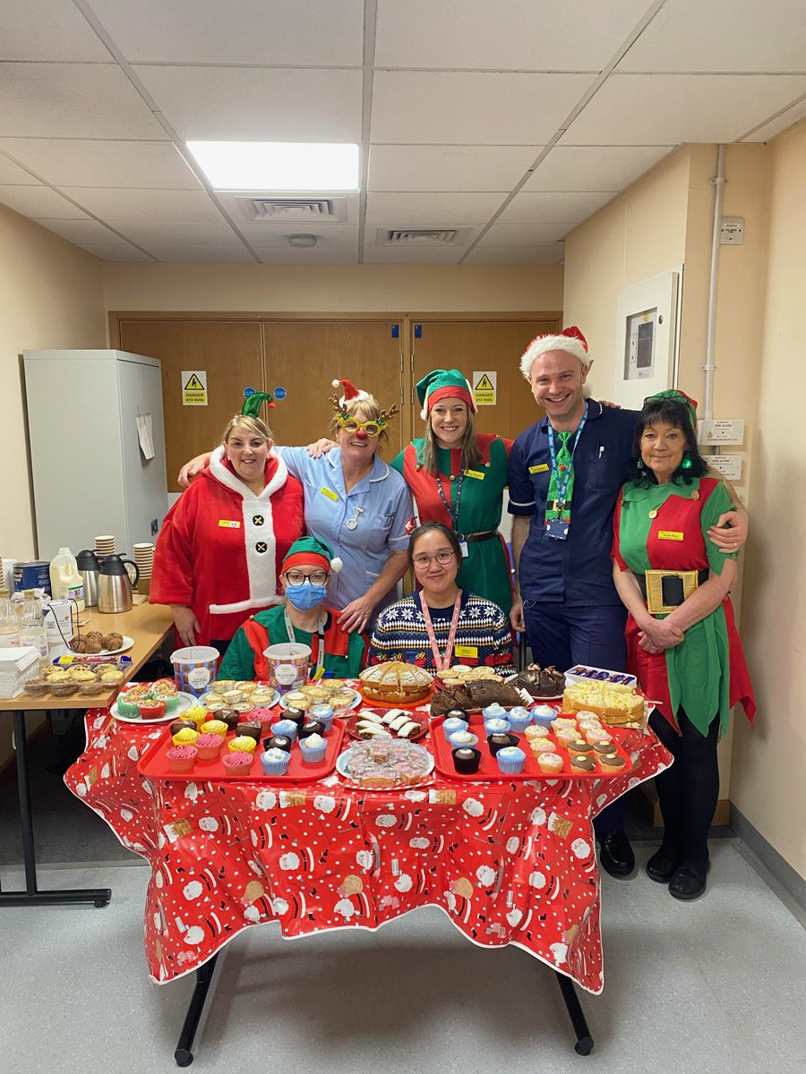 YSHospCharity's tweet photo. The #NationalElfService festivities have continued this week, with wards and departments across our hospitals getting involved in some festive fundraising 🎁
The Eye Clinic at York Hospital held a cake stall &amp; raffle, raising lots of smiles with their fantastic Christmas outfits! https://t.co/YO9AZza9Qd