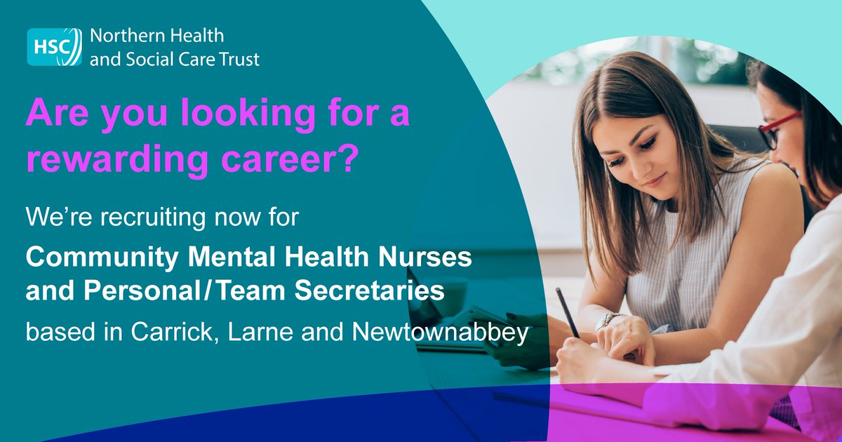 NHSCTrust's tweet image. We are recruiting Community Mental Health Nurses &amp;amp; Personal/Team Secretaries for our Community Mental Health Team in  Carrick, Larne &amp;amp; Newtownabbey areas.

Apply by 9 Jan 2024 or come along to our Recruitment Day on 3 Feb 2024.

Full details: orlo.uk/recruitment_fq…

#teamNORTH