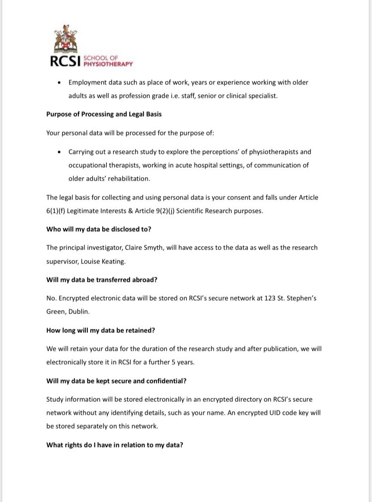 RCSI School of Physiotherapy (@rcsi_physio) on Twitter photo Calling all physios/OTs working with older adults in the acute hospital setting.
You are invited to take part in a once-off online focus group aimed at exploring the perceptions of physios/OTs of communication of older adults rehabilitation
Contact: clairesmyth22@rcsi.ie Calling all physios/OTs working with older adults in the acute hospital setting.
You are invited to take part in a once-off online focus group aimed at exploring the perceptions of physios/OTs of communication of older adults rehabilitation
Contact: clairesmyth22@rcsi.ie