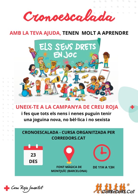 <a href="/corredors/">CoRReDoRS.CaT</a> i la <a href="/CreuRojaCAT/">Creu Roja Catalunya</a> organitzem un any més la Cronoescalada, prova no competitiva que va de la Font Màgica al MNAC (corrent o a peu). 
Inscripció in-situ, només cal aportar una joguina nova per nenes i nens ens situacions de dificultat.
23/12  a les 11h. 
Va, animeu-vos!