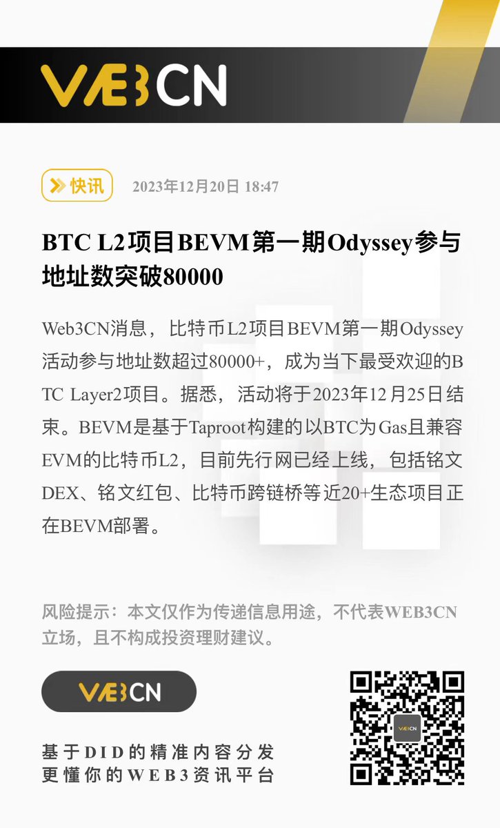 Web3CN_Pro's tweet image. #Web3CN 消息，#BTC L2项目 #BEVM @BTClayer2   第一期Odyssey参与地址数突破80000 
👏congratulations 🎆