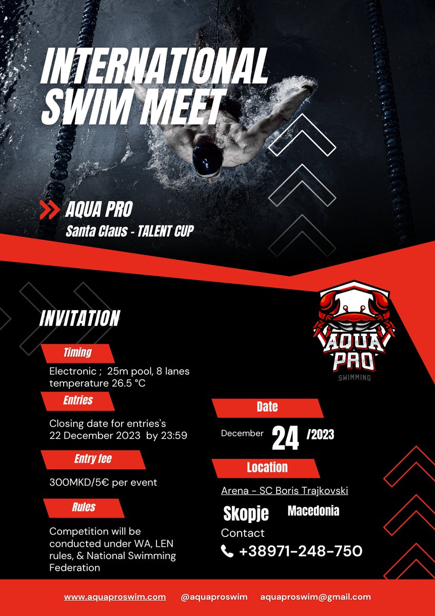AquaProSwimming's tweet photo. Dive into the excitement! Ready to make waves at the “Santa Claus - Talent CUP” swimming competition!

📅 Date: 24.12.2023
🕒 Time: 13h
📍 Venue: Boris Trajkovski Sports Center
#SwimFast #CompetitionMode #SwimLife #SantaClaus #TalentCup #AquaPro

See you at the poolside! 🏊‍♂️👏💙 https://t.co/m18eZBBgUI