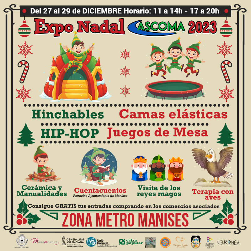 AytoManises's tweet image. ¡Prepárate para unos días navideños con mucha actividad!
🎄 Llega #Exponadal, organizado por #Ascoma, con talleres de cerámica y manualidades, cuentacuentos, juegos de mesa y más 🏺📚
📆 Del 27 al 29 de diciembre
⏰ De 11 a 14 h i de 17 a 20 h
📍 @metrovalencia estación #Manises