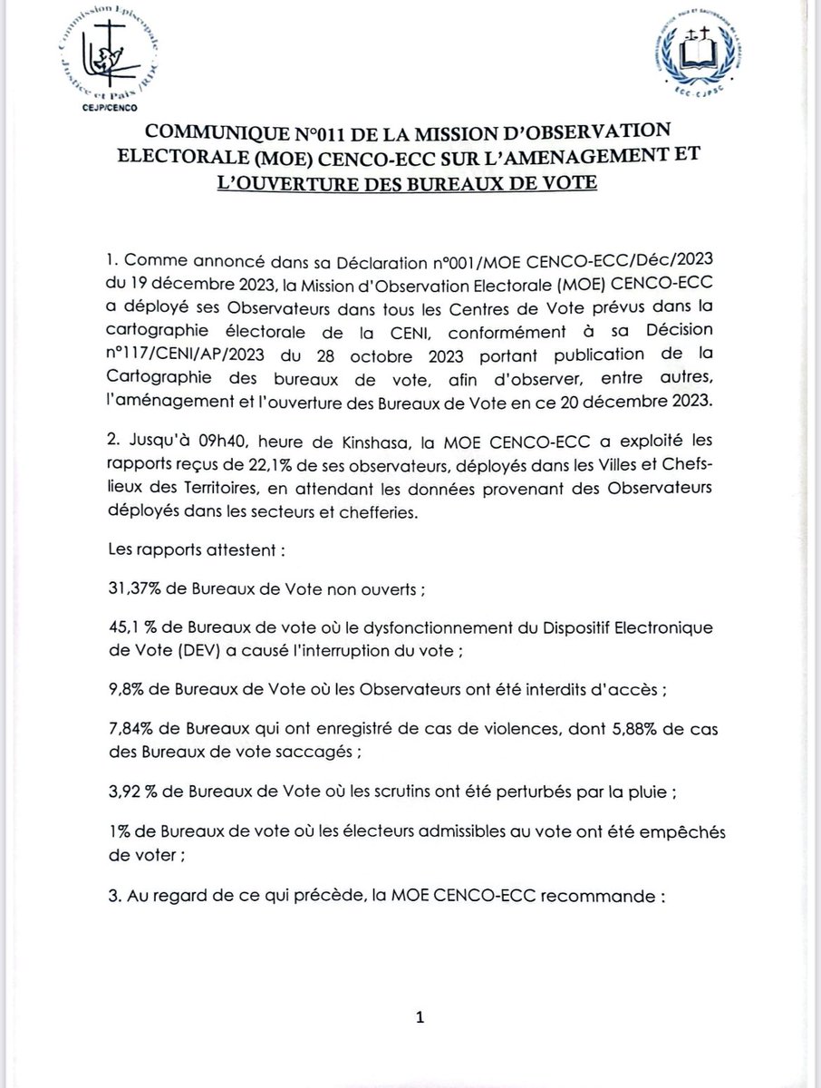 soniarolley's tweet photo. #RDC #Elections : la mission @CENCO__RDC @EccOfficielle avait reçu à 9h40 les infos de 22% de ses 25000 observateurs
- 1/3 des bureaux de vote n’étaient pas ouvert
- 45%: pb de machines à voter  
- Près de 10%: pas accès pour les observateurs 
- Près de 8%: violences enregistrées https://t.co/ZwyXWUYWl5