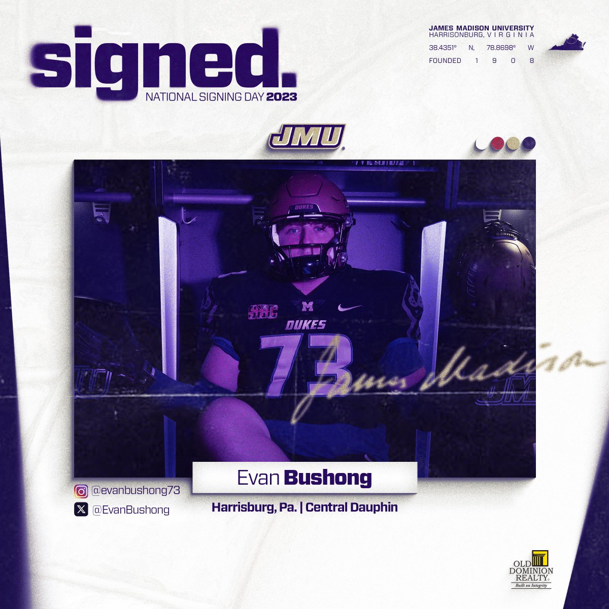 JMU Football (@jmufootball) on Twitter photo 𝐒𝐈𝐆𝐍𝐄𝐃 ✍️
Welcome home, <a href="/EvanBushong/">Evan Bushong</a>❗️
Position: Offensive Lineman
Hometown: Harrisburg, PA
#GoDukes 𝐒𝐈𝐆𝐍𝐄𝐃 ✍️
Welcome home, <a href="/EvanBushong/">Evan Bushong</a>❗️
Position: Offensive Lineman
Hometown: Harrisburg, PA
#GoDukes