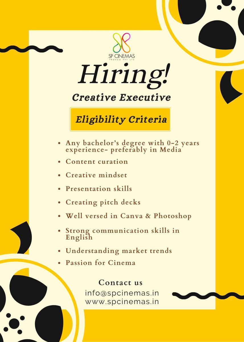 We at SP Cinemas are hiring Creative Executives! Drop your Resume to info@spcinemas.in #Hiring #SPCinemas #Creative #Productionhouse #Film #Webseries #Joboffer