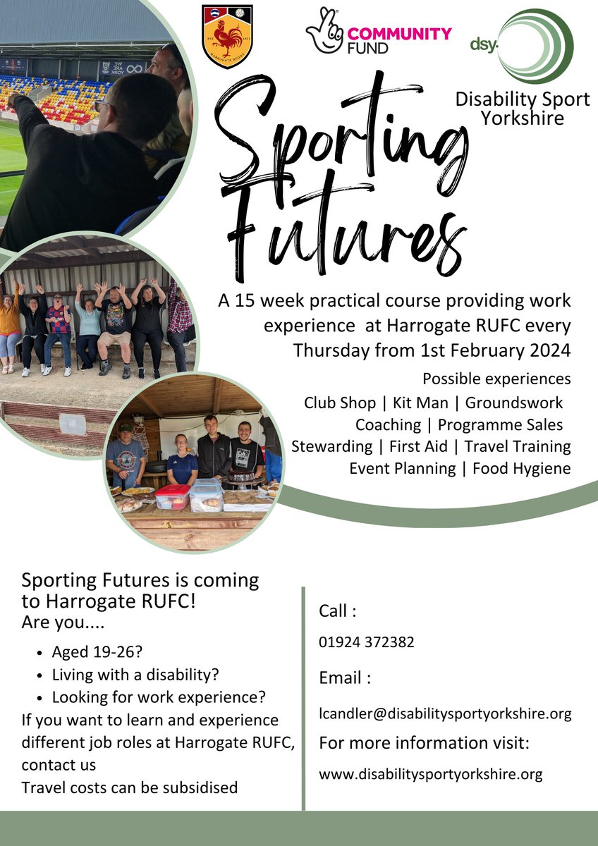 Sporting Futures is coming to Harrogate RUFC to offer people aged 19-26 living with a disability the chance to gain work experience in a range of roles at the club!

Sessions are every Thursday from the 1st February.

For more information head to disabilitysportyorkshire.org/sporting-futur…