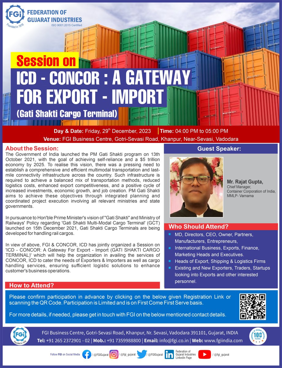 #UpcomingSession 'ICD - CONCOR: A Gateway For Export - Import (Gati Shakti Cargo Terminal)', Friday, 29th December 2023, 04:00 PM to 05:00 PM, at FGI Vadodara. Guest Speaker: Mr. Rajat Gupta, Chief Manager, CONCOR, MMLP Varnama. Confirm here docs.google.com/forms/d/e/1FAI…