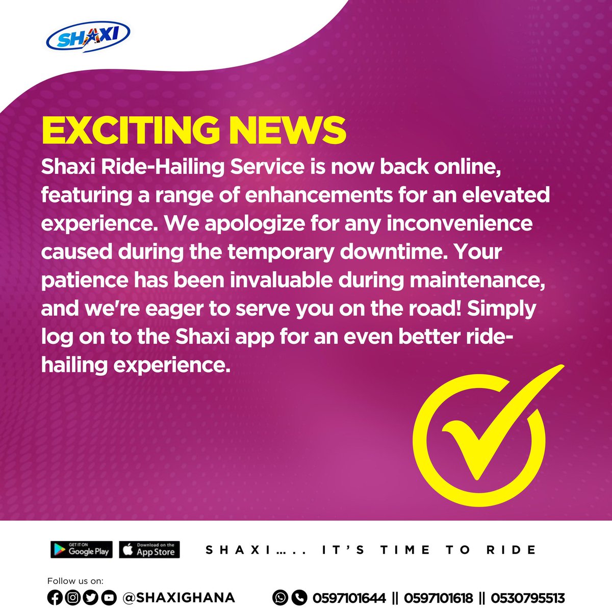 Exciting news! Shaxi Ride-Hailing Service is now back online, featuring a range of enhancements for an elevated experience. We apologize for any inconvenience caused during the temporary downtime. Your patience has been invaluable during maintenance. #shaxi #shaxighana