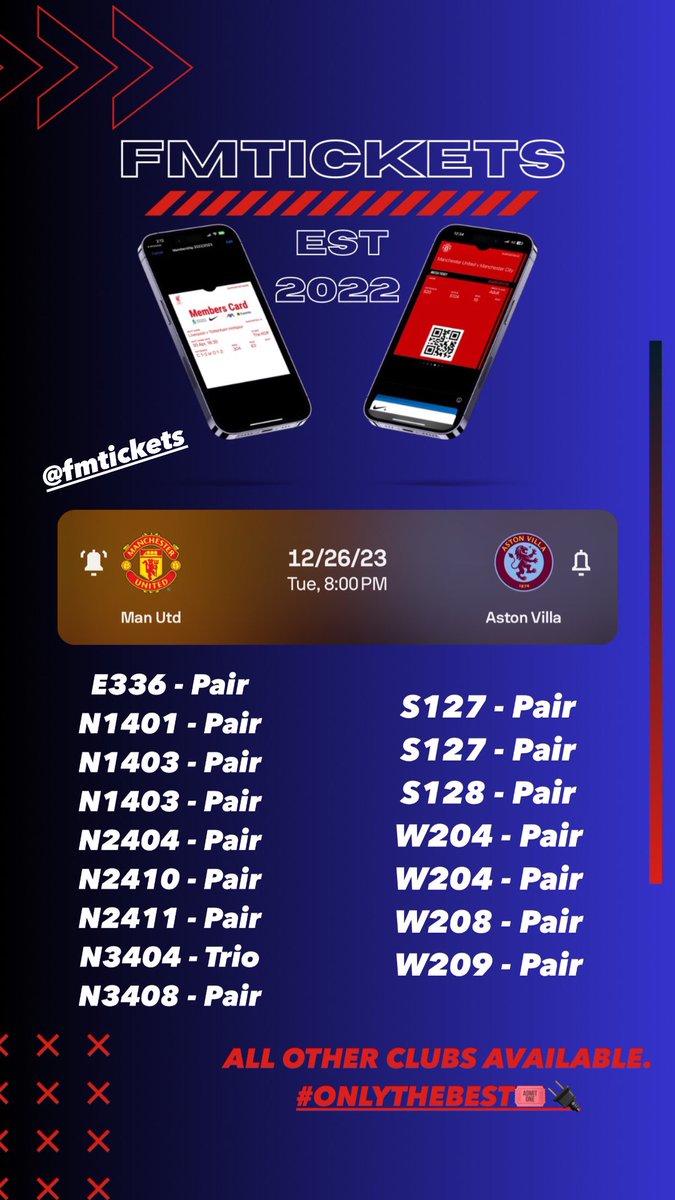 FMTICKETS_'s tweet photo. 🔴MUFC V ASTON VILLA🟣🟤

🎟️ 16 PAIRS

🔌 VERIFIED SELLER 

🤝🏽 PROOF ON REQUEST

🏟️ANY GAME. ANY EVENT. DM NOW.

#mufc #mufcspares #mufctickets #mufcfamily #mufcvilla #mufcavfc #premierleague #twickets #tickets #oldtrafford #manchesterunited #tenhag #astonvilla #boxingdayfootball https://t.co/qLYJ4ZvrzL