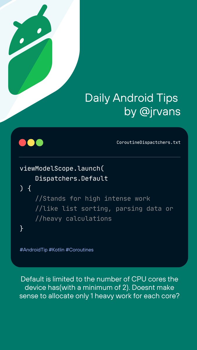 jnrvans's tweet image. 🚀 #KotlinTip: Choose your Coroutine Dispatcher wisely!

Default: CPU-intensive work
IO: Network or disk operations
Main: UI updates

 Optimize your code with the right dispatcher! 💡 #Kotlin #AndroidDev