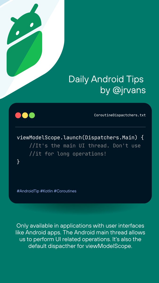 jnrvans's tweet image. 🚀 #KotlinTip: Choose your Coroutine Dispatcher wisely!

Default: CPU-intensive work
IO: Network or disk operations
Main: UI updates

 Optimize your code with the right dispatcher! 💡 #Kotlin #AndroidDev