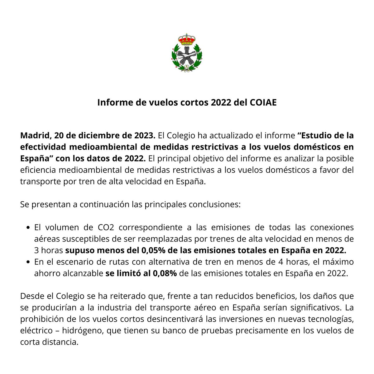 INFORME DE VUELOS CORTOS 2022 DEL COIAE
Madrid, 20 de diciembre de 2023.

INFORME: ⬇
coiae.es/wp-content/upl…