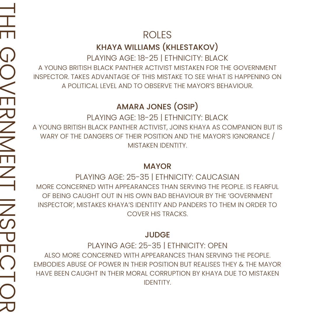 jordimcarter's tweet image. LOOKING FOR ACTORS. 🗣️

re-imagining THE GOVERNMENT INSPECTOR by Nikolai Gogol through the lens of the BRITISH BLACK PANTHER MOVEMENT as part of Evolution Labs 2024 at Lyric Hammersmith &amp;amp; UAL: Wimbledon College of Arts. 

info below, tell a friend to tell a friend!

🌍🕊️