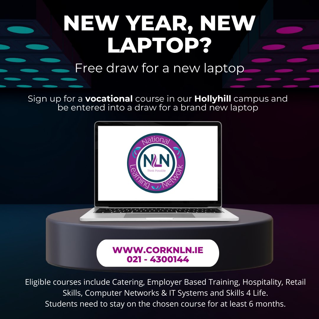 Sign up for one of our vocational courses in our Hollyhill campus and be entered into a draw for a brand new laptop!!
#nationallearningnetwork #thinkpossible #newstudents #vocationalcourses #cetb