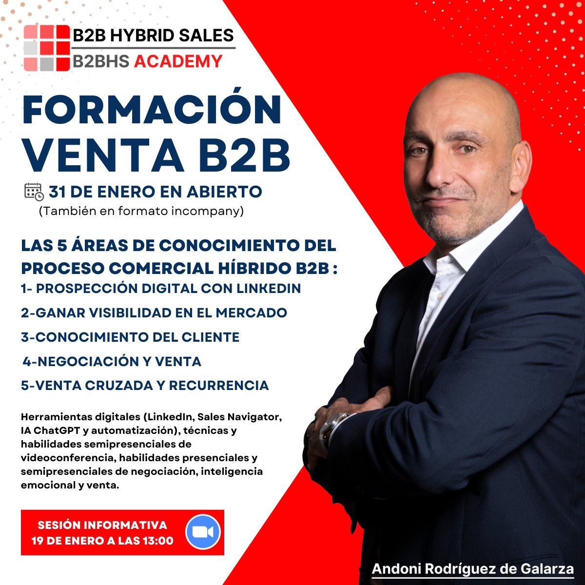 Las 5 etapas y áreas de conocimiento del proceso de venta híbrido B2B

Sesión informativa 19 de enero a las 13:00 vía zoom

👉 zurl.co/LhAR