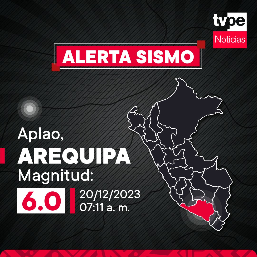 Se registró un sismo al sur de Perú de magnitud 6.0 a 31 km al oeste de Aplao, Castilla – Arequipa, con una profundidad de 99 km.