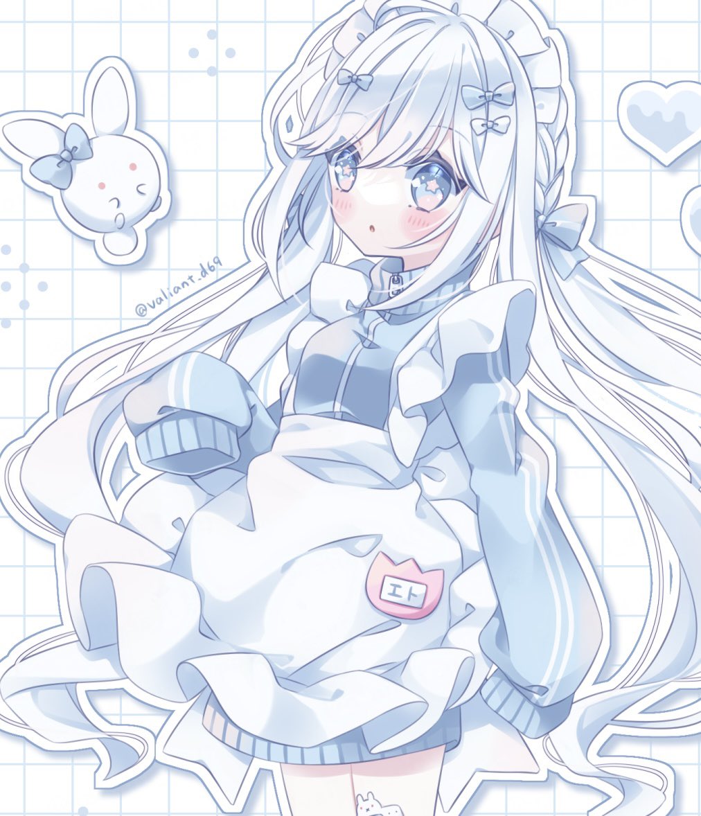 1girl maid headdress apron long hair white hair sleeves past wrists bow  illustration images