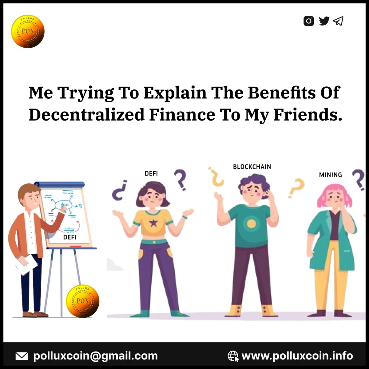 Polluxchain's tweet photo. Me trying to explain the benefits of decentralized finance to my friends.
Visit our website ๐ :- https://t.co/T8yR3S5bzv
#PolluxCoin #Polluxdefi #DeFiDemystified #CryptoConversations #ExplainingCrypto #FriendshipAndFinance #DecodingFinance #FinancialEducation #CryptoComedy https://t.co/5xKZqjQZ0N