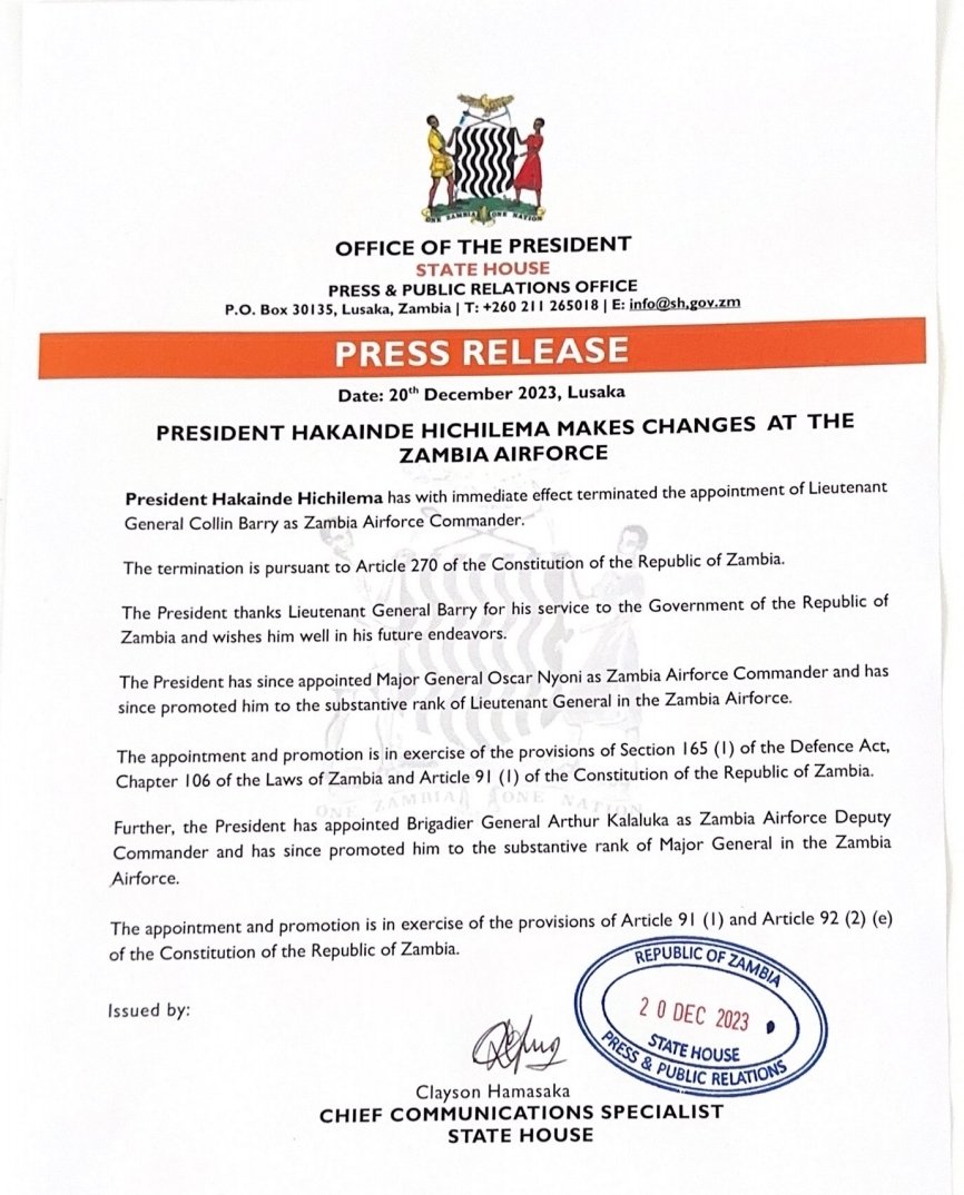 Mwebantu (@mwebantu) on Twitter photo JUST IN: PRESIDENT HAKAINDE HICHILEMA <a href="/HHichilema/">Hakainde Hichilema</a> MAKES CHANGES AT #ZAMBIA AIRFORCE JUST IN: PRESIDENT HAKAINDE HICHILEMA <a href="/HHichilema/">Hakainde Hichilema</a> MAKES CHANGES AT #ZAMBIA AIRFORCE