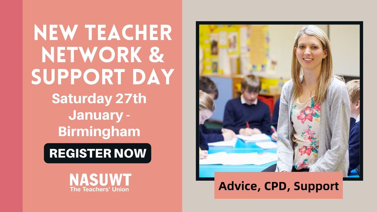 New Teacher Support Day: Saturday 27th January
<a href="/ParkRegisBirm/">Park Regis Birmingham</a>
Advice and help on topics including:  
🔸Time management for new teachers 
🔸Working assertively 
🔸Managing stress 
Free to ECT/NQT members. Meals &amp; accommodation included.
Book your place:
nasuwt.org.uk/event/NQB01HOE…