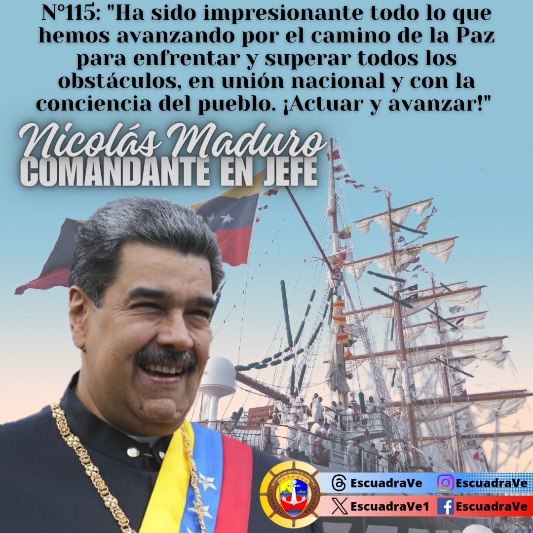 #Frase || de mi Comandante en Jefe @NicolasMaduro N°115: 'Ha sido impresionante todo lo que hemos avanzando por el camino de la Paz para enfrentar y superar todos los obstáculos, en unión nacional y con la conciencia del pueblo. ¡Actuar y avanzar!'