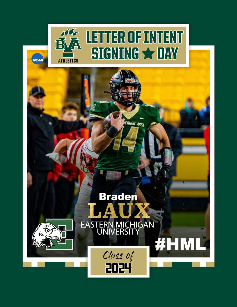 BvasdAthletics's tweet photo. Early signing day for football‼️

Braden Laux – Eastern Michigan University 

Quinton Martin – Penn State University 

Luke Bryer – Case Western Reserve https://t.co/BZJLqJcQr0