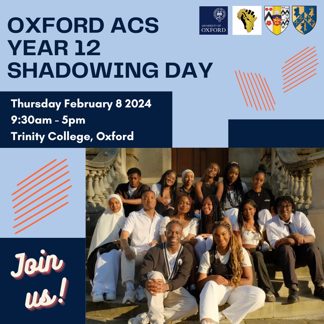 trinity.ox.ac.uk/oxford-acs-sha… Date: Thursday 8 February 2024 Time: 9:30am - 5pm Venue: Trinity College, University of Oxford This day is aimed at Year 12 state school students from African and Caribbean backgrounds interested in applying to Oxford for undergraduate study.