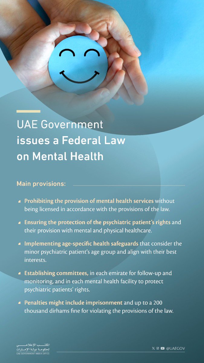 UAEmediaoffice's tweet photo. UAE Government issues a Federal Decree on Mental Health

#uaegov https://t.co/I5tq7yL5Zd