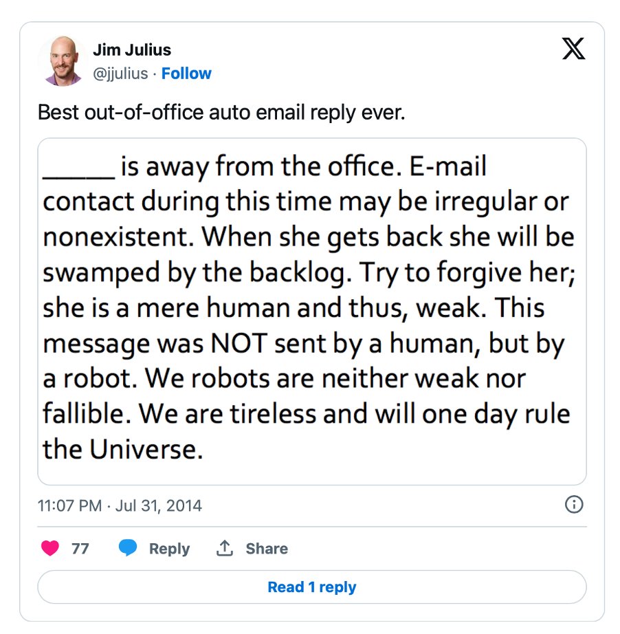 It’s almost time to set the out-of-office (OOO) message. Is yours as great as this? 👇 bit.ly/41uLgh9  #Comms #EmailTips