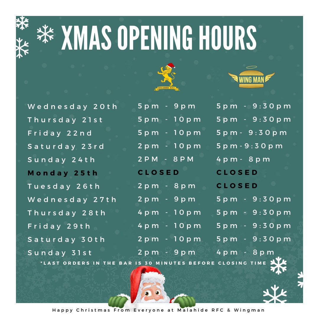 Xmas Opening Hours For Malahide RFC and Wingman.