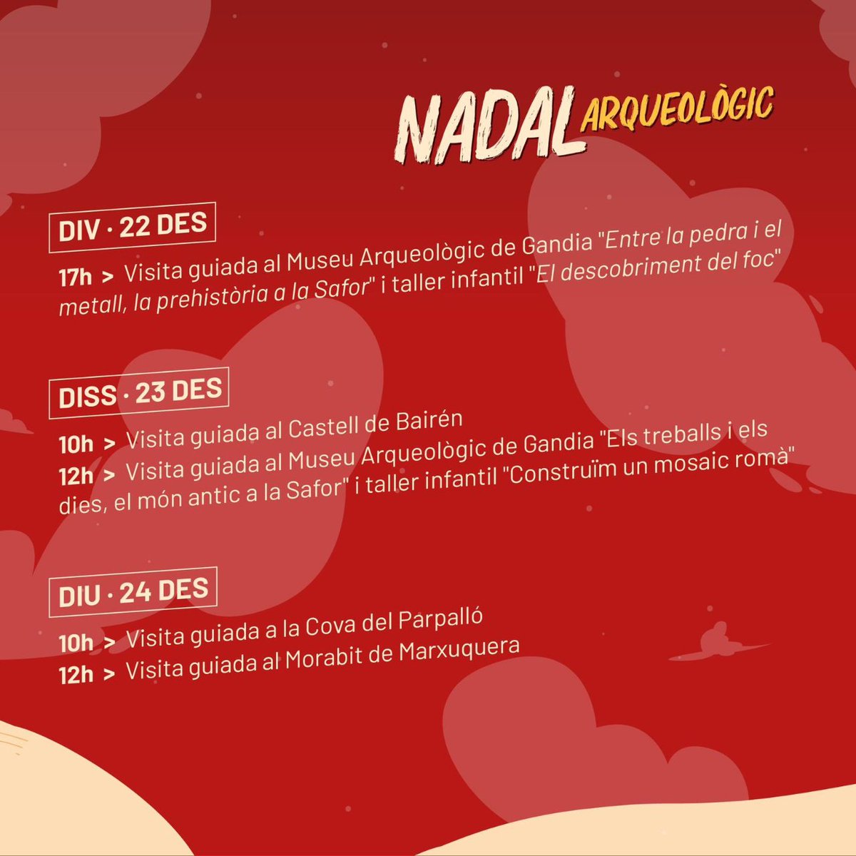 IdeariCoop's tweet photo. Estos nadals podeu gaudir del patrimoni de Gandia amb visites guiades i tallers per als més menuts. Les visites seran a la cova del Parpalló, al @MAGaMuseu i al Castell de Bairén https://t.co/MiVV3kpyMH