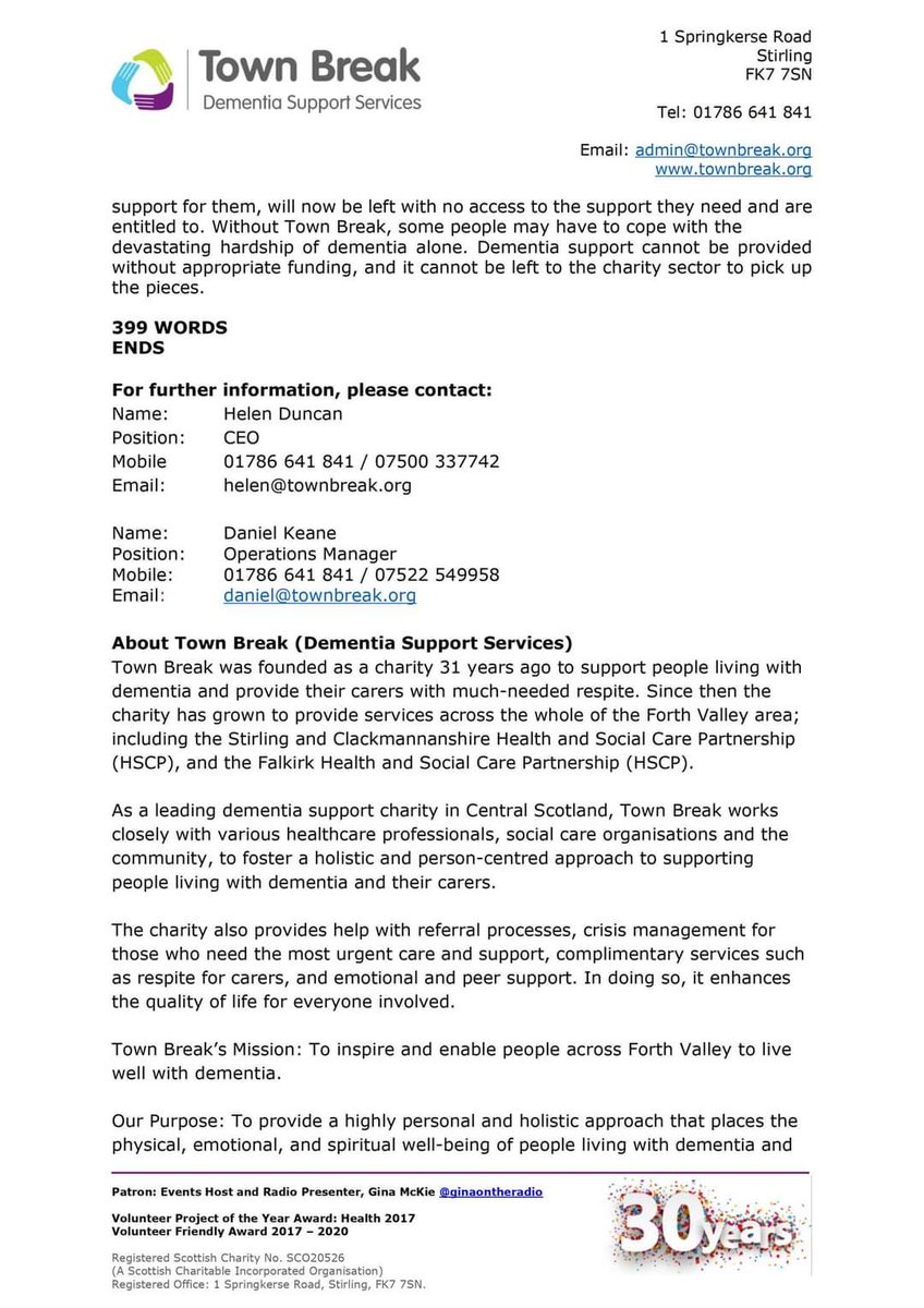 Come on Stirling and Clacks get your finger out. Vital services being reduced or even scrapped is not what we need. 
Town Break gives people the care and attention they deserve. Time for the council to step up and make the same effort. 

#StirlingCouncil #clackmannanshirecouncil