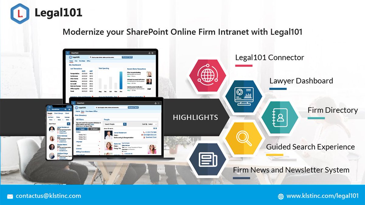 Legal101 - A modern mobile-first SharePoint intranet!
klstinc.com/legal101/
#legalintranet #intranet #legalapp #intranetapp #legaltech #legalit #firmdirectory #firmnews #dataintelligence #amlaw #SharePointintranet