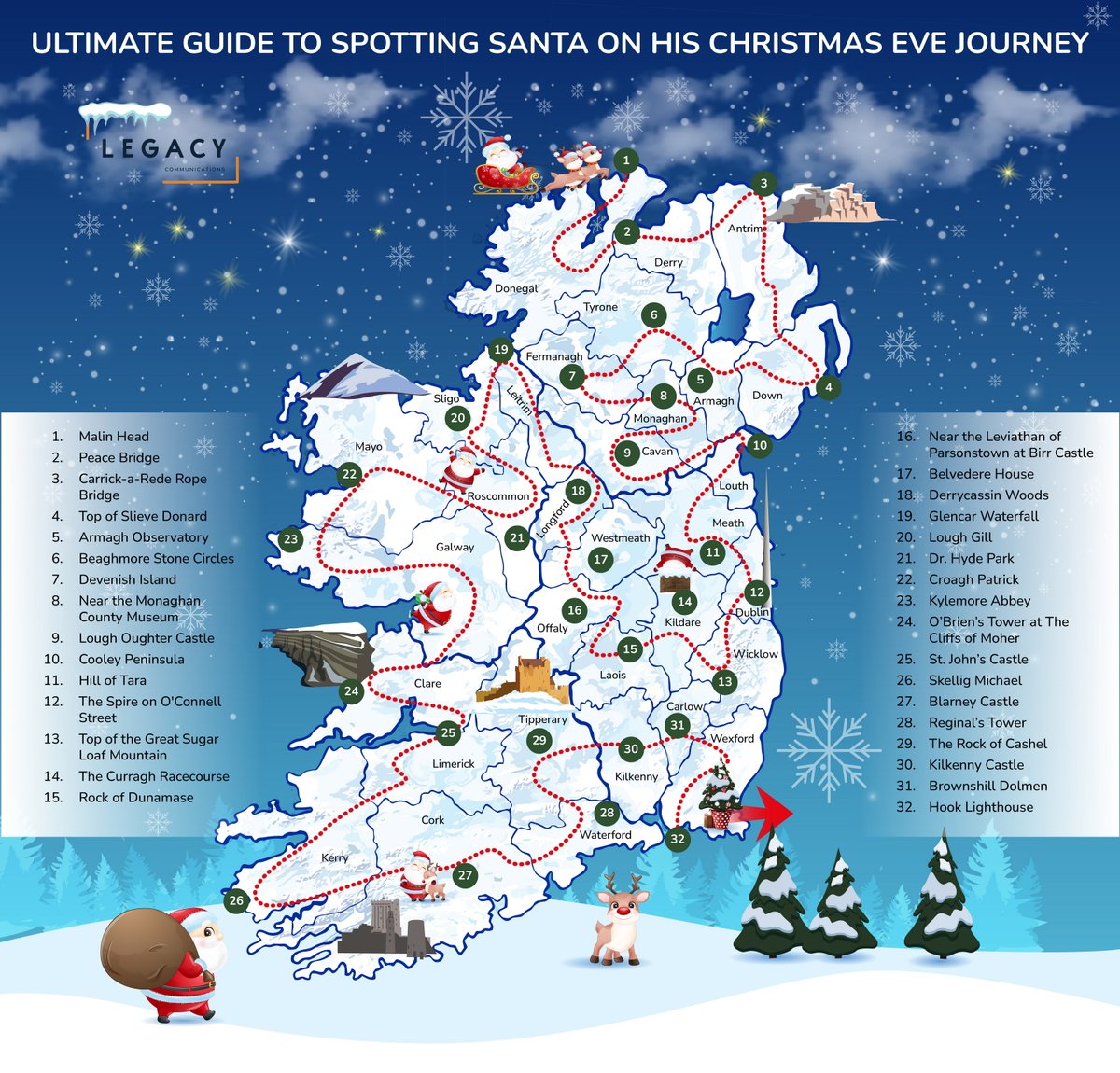 Following the Taoiseach's recent announcement granting Santa unrestricted access to Irish airspace on 24th December, we've revealed the best places in each county to spot Santa on his magical journey across Ireland. 🎅 Find out how your county did: legacycommunications.com/best-places-in…