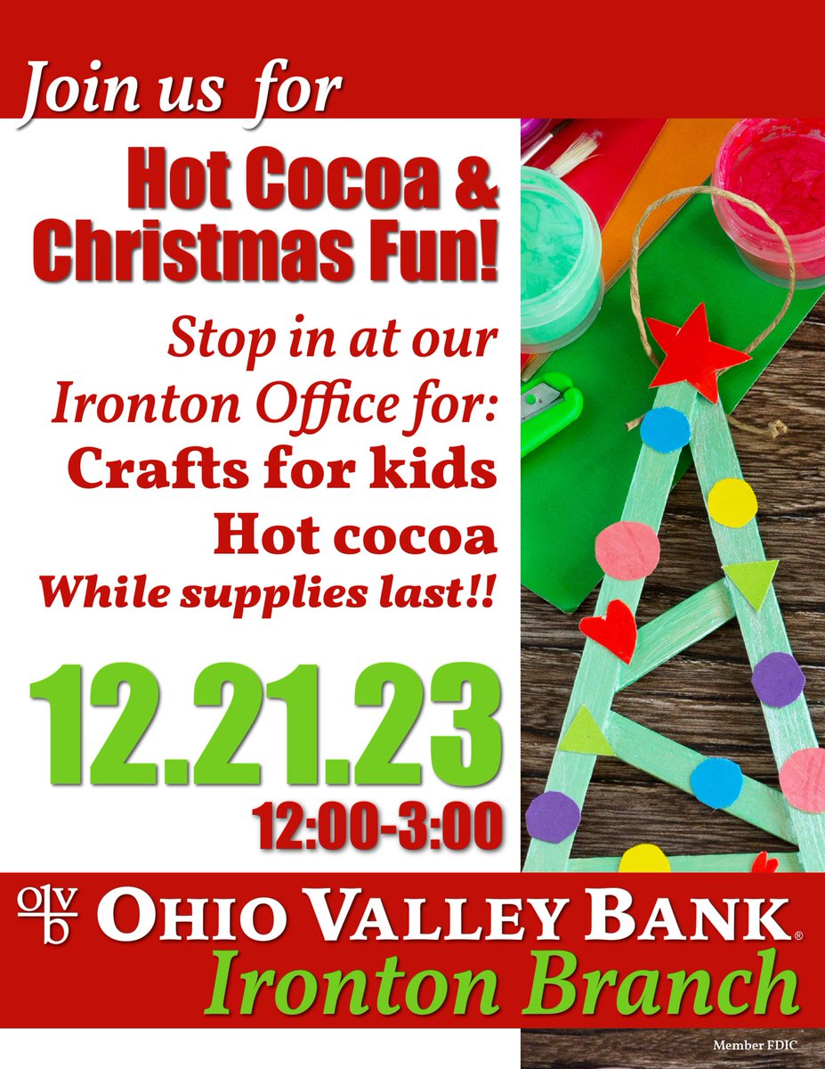 Our OVB Ironton Office is celebrating Christmas early with a special event this Thursday! Stop by the office from 12-3 p.m. for delicious hot cocoa. We will also have festive crafts for the kiddos! 🎄