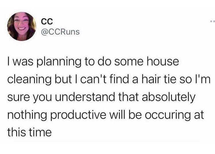 boohoo's tweet photo. me 🤝 needing a hair tie for every small chore https://t.co/rkh60d55Ns