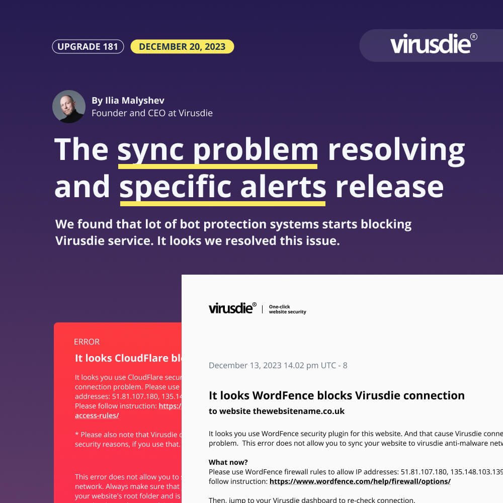 #Virusdie upgrade 181 | Massive website sync problem resolving, plus new alert system release: virusdie.com/blog/the-websi…

#wordpress #cybercrime #cybersecurity #infosec #websecurity #malware #Ransomware #Vulnerability #Phishing #code #hacked #web #antivirus