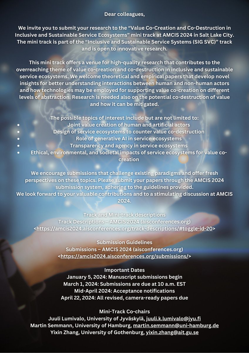 cpss_jyu's tweet photo. Our research group members Dr. Juuli Lumivalo and Dr. Yixin Zhang are Mini-Track Co-chairs at #AMCIS2024! Here you can find information about this exciting mini-track.  Track and Mini-track descriptions https://t.co/e1J8ikeIxa    Submission Guidelines https://t.co/y4QbLcDKVO https://t.co/xrkOGygLUU