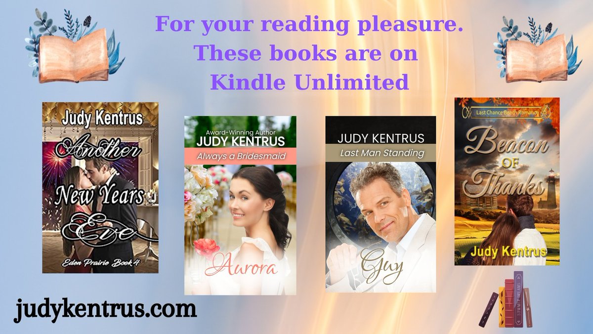 Get these books while they're still available on Kindle Unlimited. Go to my website and click on the link for each book. Happy Reading! judykentrus.com
#kindleunlimited #holidayreads #sweetromance