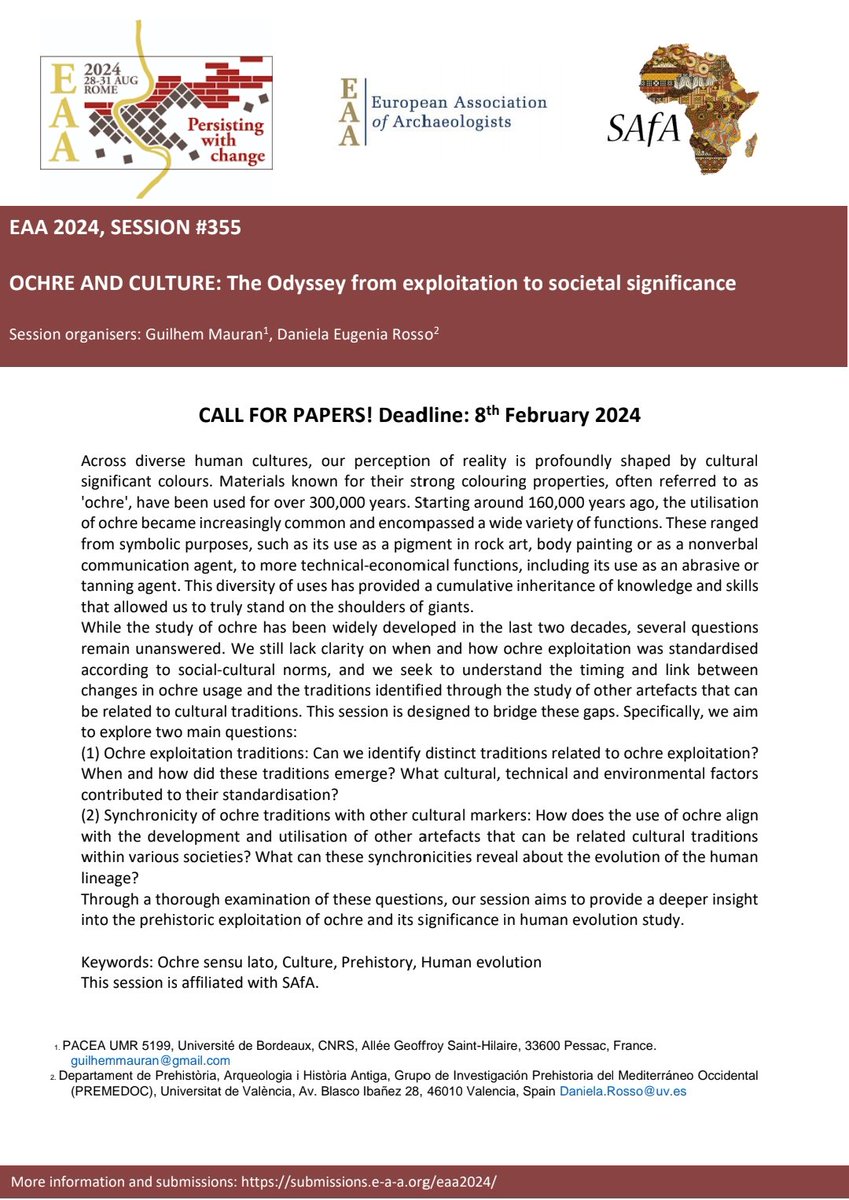 Guilhem Mauran (@guilhemmauran) on Twitter photo Call for papers! Join our session on #ochre and #prehistoric society #EAA2024 <a href="/archaeologyEAA/">European Association of Archaeologists</a> <a href="/DanielaERosso/">Daniela Rosso</a> Call for papers! Join our session on #ochre and #prehistoric society #EAA2024 <a href="/archaeologyEAA/">European Association of Archaeologists</a> <a href="/DanielaERosso/">Daniela Rosso</a>