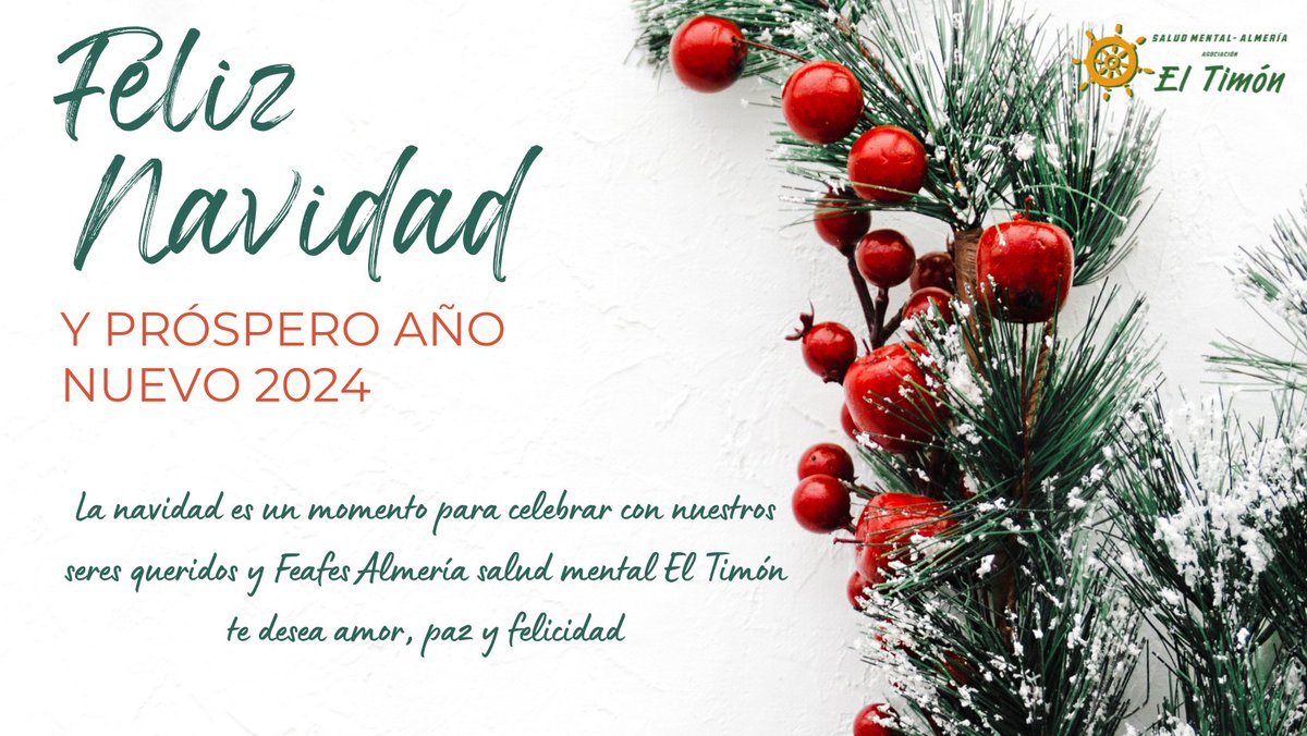 Por seguir luchando por nuestros derechos y los de todas las personas que nos rodean, por vivir en un mundo de paz, amor, salud y prosperidad

Feafes Almería salud mental El Timón y todo su equipo de trabajo, familiares y usuarios/as les deseamos una Feliz Navidad, Próspero 2024