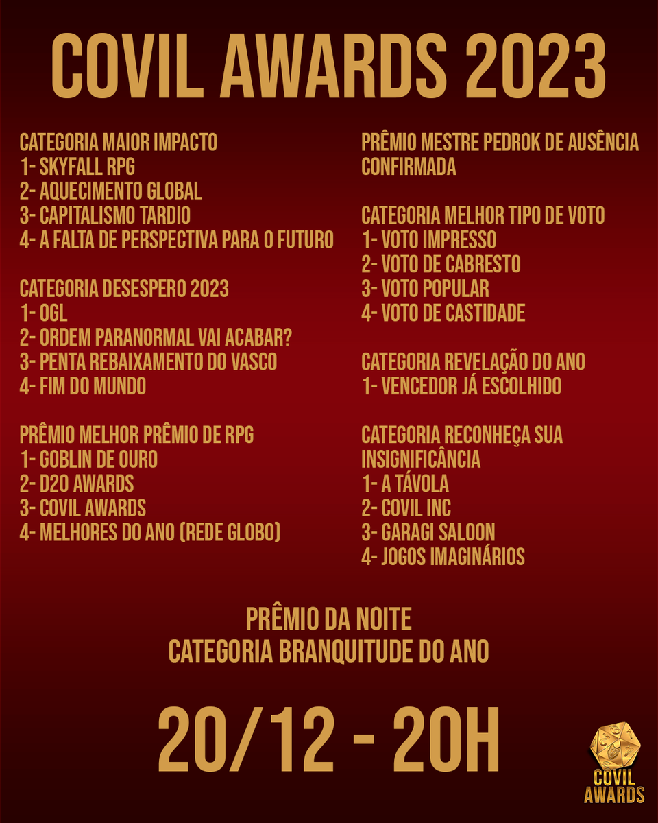 covil_inc's tweet photo. ATENÇÃO PARA CATEGORIAS E INDICADOS DO COVIL AWARDS 2023. PREMIAÇÃO ESSE ANO TÁ QUENTÍSSIMA. 

Parabéns aos indicados https://t.co/myYg7VEQ2K